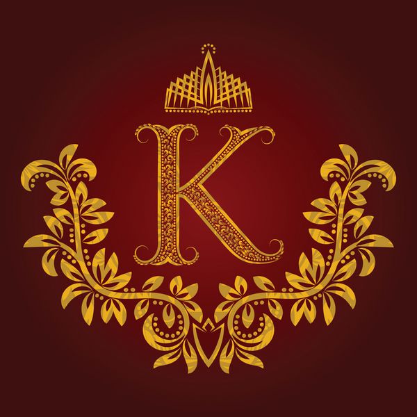 مونوگرام حرف K طلایی طرح دار به سبک وینتیج نشان هرالدیک الگوی لوگوی oque