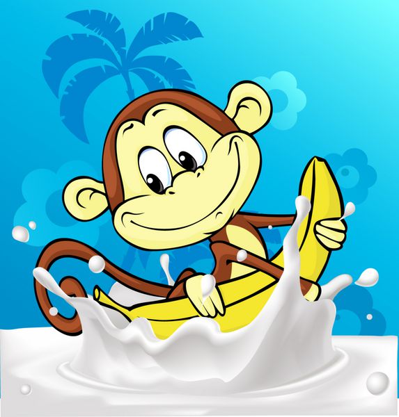 میمون ناز سوار موز در پاشش شیر - وکتور خنده دار