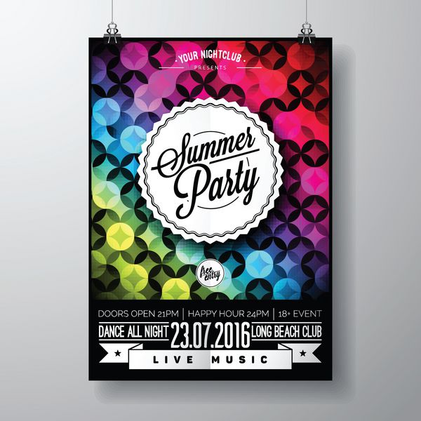 وکتور طرح بروشور مهمانی ساحلی تابستانی با عناصر تایپوگرافیک و کپی sp در پس زمینه مثلث رنگی