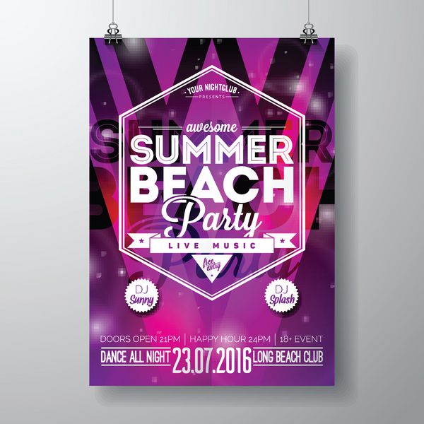 وکتور قالب پوستر بروشور مهمانی با موضوع ساحل تابستانی با پس زمینه براق انتزاعی