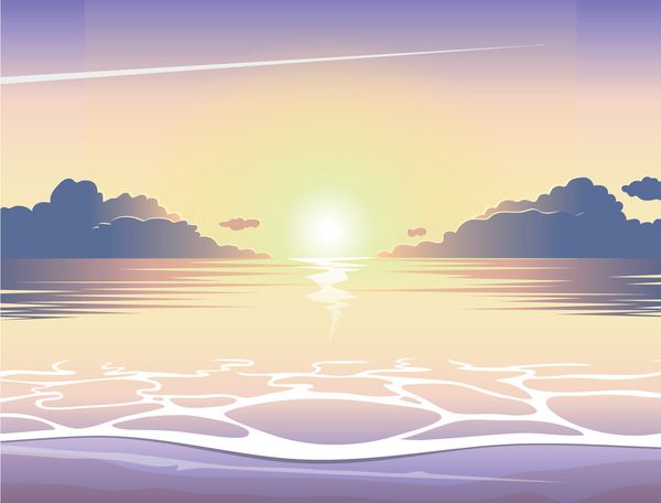 ساحل دریا عصر غروب خورشید با امواج ابرها و هواپیما در حال پرواز در آسمان وکتور پس زمینه تابستان تصاویر تابستانی ساحل تابستانی