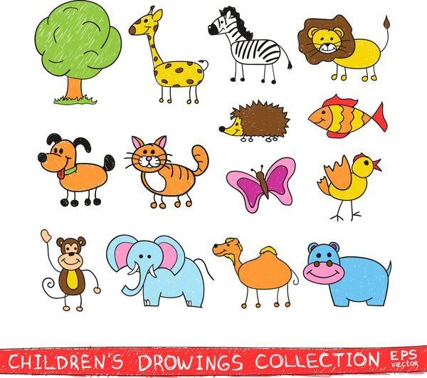 باغ وحش خنده دار در تصویر نقاشی دست کودک تصویر کارتونی مجموعه ابله های وکتور حیوانات ناز