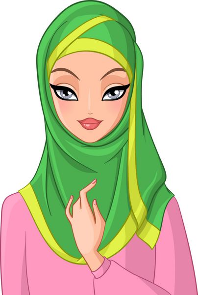 دختر زیبای مسلمان با حجاب سبز وکتور جدا شده در پس زمینه سفید
