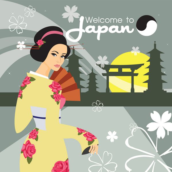 دختر زیبای ژاپنی در کیمونو در پس زمینه وکتور