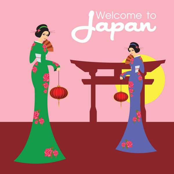 دو دختر ژاپنی زیبا در کیمونو در پس زمینه وکتور