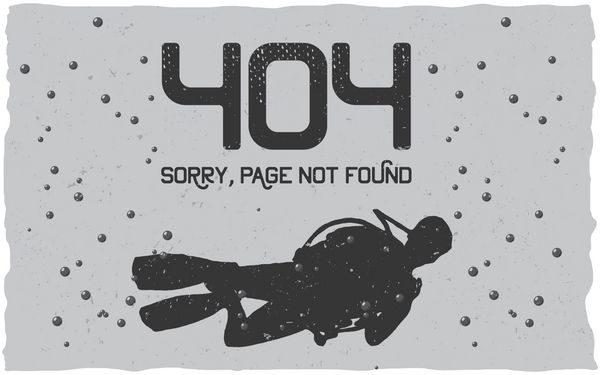 الگوی وکتور صفحه خطای 404 برای وب سایت منظره بدون آب با غواص و حباب پس زمینه خاکستری پیام اخطار متنی 404 صفحه یافت نشد