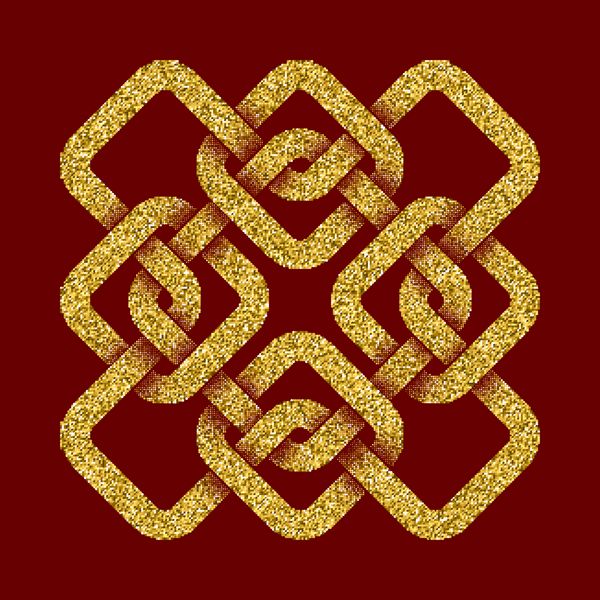 الگوی لوگوی پر زرق و برق طلایی به سبک گره های سلتیک در پس زمینه قرمز تیره نماد به شکل پیچ و خم صلیبی زیور آلات طلا برای طراحی جواهرات