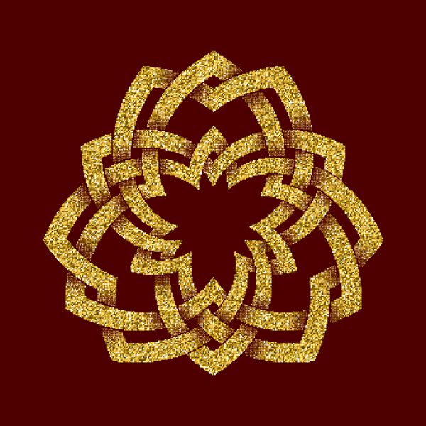الگوی لوگوی پر زرق و برق طلایی به سبک گره های سلتیک در پس زمینه قرمز تیره نماد قبیله ای به شکل سه لا زیور آلات طلا برای طراحی جواهرات