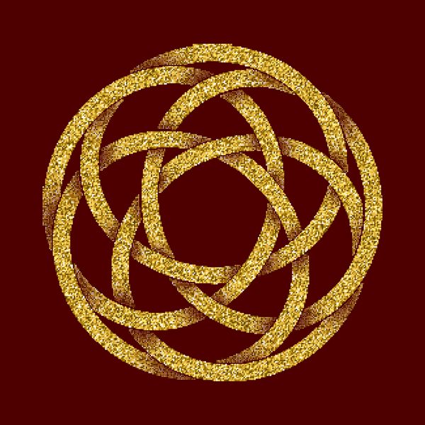 الگوی لوگوی پر زرق و برق طلایی به سبک گره های سلتیک در پس زمینه قرمز تیره نماد به شکل پیچ و خم دایره ای زیور آلات طلا برای طراحی جواهرات