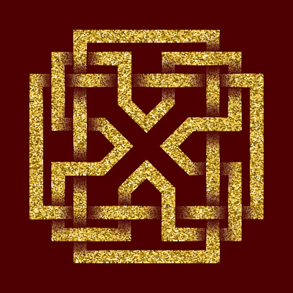 الگوی لوگوی پر زرق و برق طلایی به سبک گره های سلتیک در پس زمینه قرمز تیره نماد قبیله ای به شکل ماز صلیبی شکل زیورآلات طلای حرف x برای طراحی جواهرات