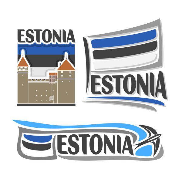 وکتور لوگوی استونی متشکل از 3 تصویر جدا شده قلعه اسقفی کورسااره در پس زمینه پرچم ملی نماد استونی و پرچم استونیا در کنار پرستو و نمای نزدیک