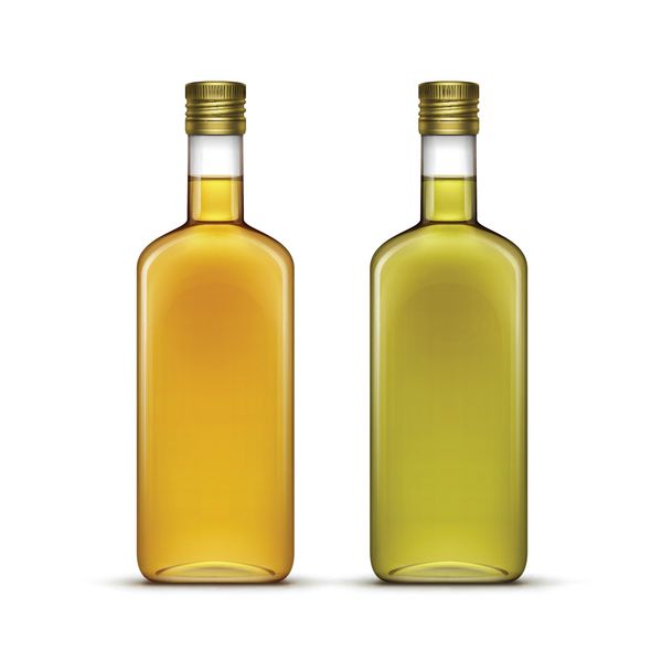 مجموعه وکتوری از نوشیدنی های نوشیدنی ویسکی یا بطری های شیشه ای روغن زیتون آفتابگردان جدا شده روی سفید