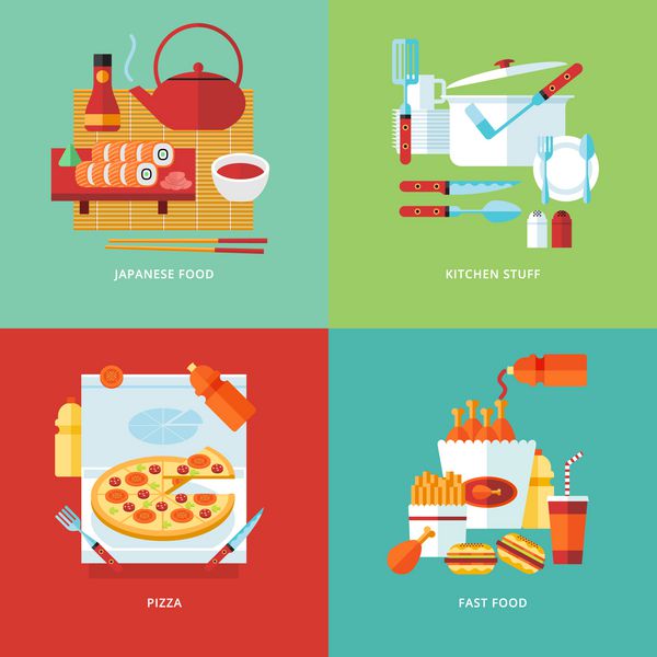 تصویر مفهومی غذا و آشپزخانه غذای سوشی ژاپنی ظروف غذاخوری غذای پیتزا فست فود پختن غذا نوع غذا بنرهای طرح وکتور تخت