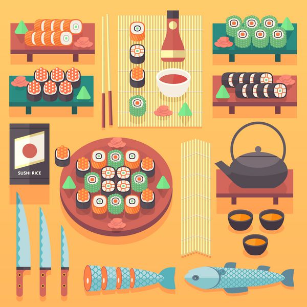 تصویر غذا و آشپزی ژاپنی عناصر طراحی آشپزی وکتور مسطح مفهوم آشپزخانه سنتی آسیایی