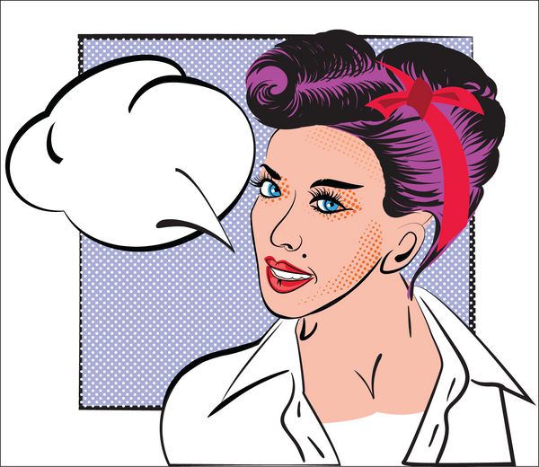 پرتره دختر در سبک پاپ آرت کتاب های کمیک طرح زن با موهای بنفش مدل موی یکپارچهسازی با پیراهن سفید سبک قدیمی در پس‌زمینه قاب و حباب سخنرانی طراحی برای کارت