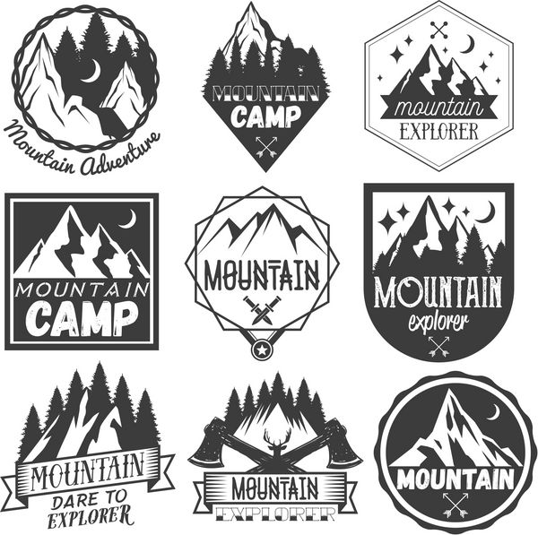 مجموعه وکتور برچسب های کمپ کوهستانی به سبک قدیمی تصویر مفهومی ماجراجویی در فضای باز کمپ