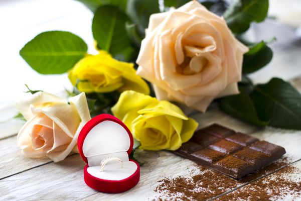 پیشنهاد ازدواج با حلقه طلا در جعبه قرمز و پاسپورت