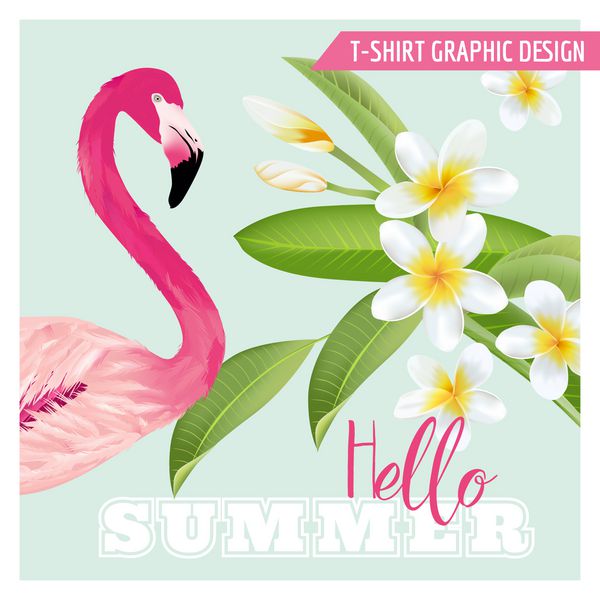 طرح گرافیکی گرمسیری - فلامینگو و گلهای استوایی - برای تی شرت