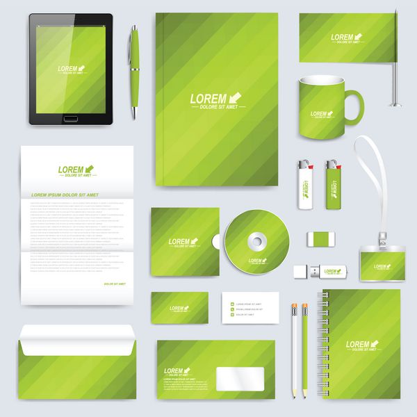 مجموعه سبز رنگ وکتور الگوی هویت شرکتی ماکت لوازم التحریر تجاری مدرن پس زمینه با خطوط سبز