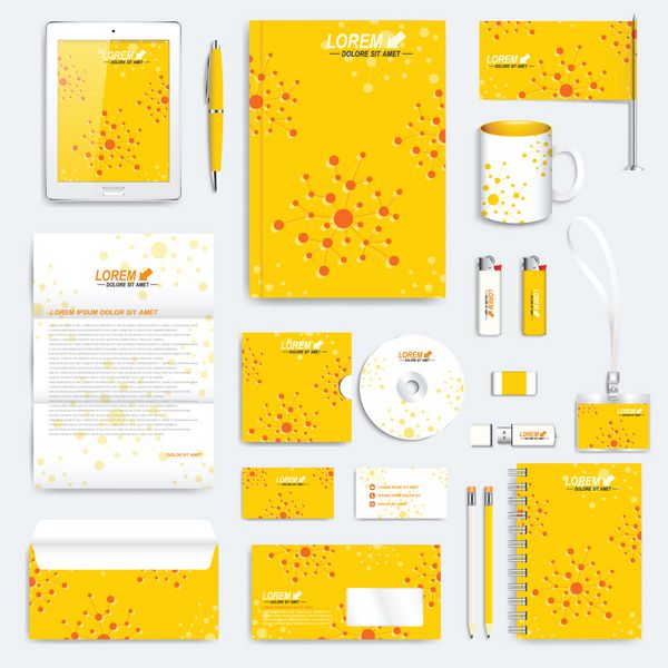 مجموعه زرد رنگ وکتور الگوی هویت شرکتی ماکت لوازم التحریر تجاری مدرن پیشینه پزشکی علم فناوری با مولکول