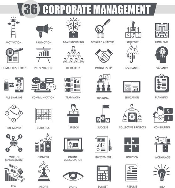 مجموعه آیکون سیاه وکتور مدیریت شرکتی طراحی آیکون کلاسیک خاکستری تیره برای وب