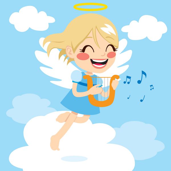 موسیقی فرشته کوچک زیبا با چنگ که بر فراز ابرها پرواز می کند