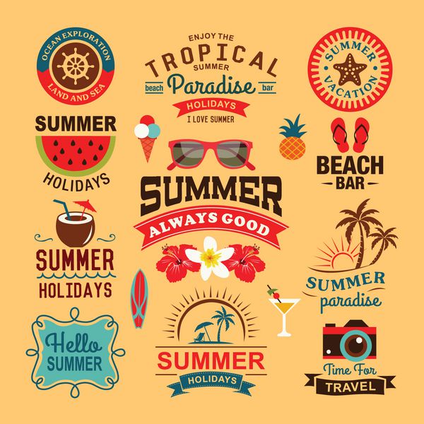 طراحی تابستانی قدیمی و طراحی تایپوگرافی با برچسب پوستر آیکون لوگو مجموعه عناصر