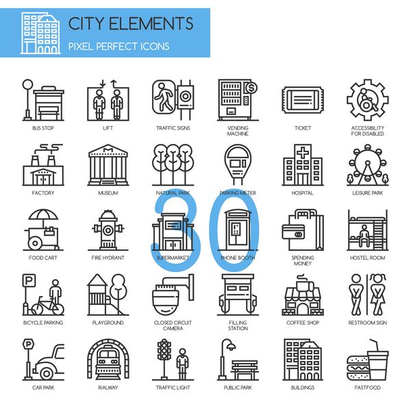 عناصر شهر نمادهای خط نازک تنظیم شده است