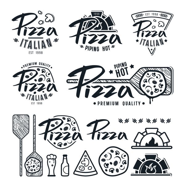 مجموعه ای از برچسب های پیتزا فروشی نشان ها و عناصر طراحی