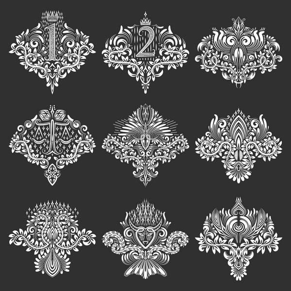 مجموعه ای از عناصر زینتی برای طراحی در قالب نشان تزئینات گل سفید روی مشکی الگوهای ایزوله در سبک اوکی وینتیج