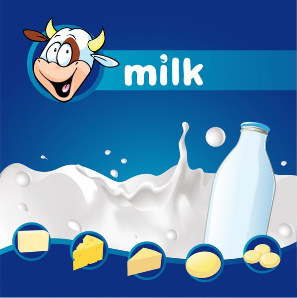 طرح شیر آبی تیره با گاو و محصولات لبنی - وکتور