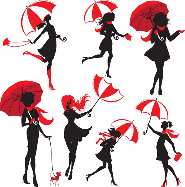 مجموعه ای از سیلوئت های دخترانه با چتر جدا شده بر روی پشتی سفید