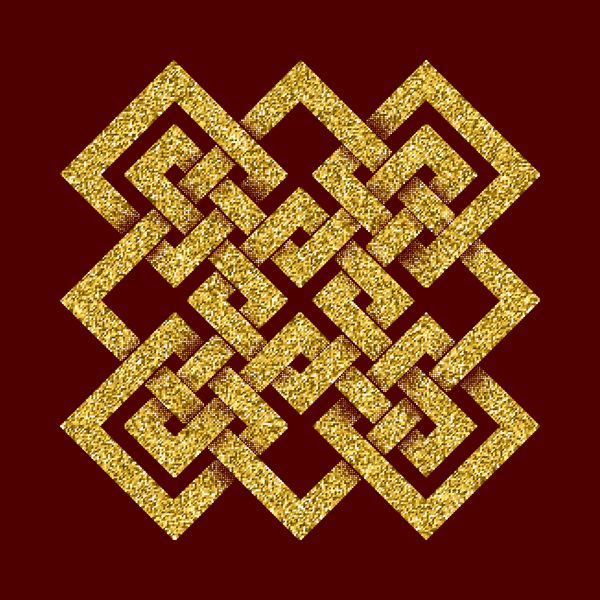 الگوی لوگوی پر زرق و برق طلایی به سبک گره های سلتیک در پس زمینه قرمز تیره نماد قبیله ای به شکل ماز صلیبی شکل زیور آلات طلا برای طراحی جواهرات