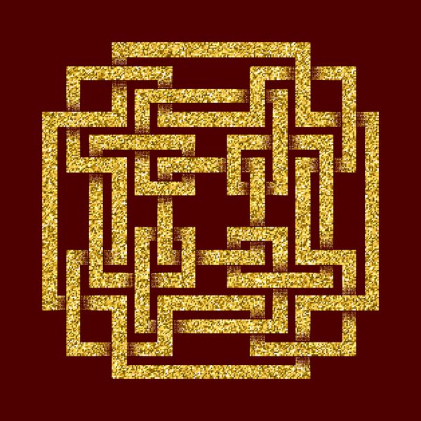 الگوی لوگوی پر زرق و برق طلایی به سبک گره های سلتیک در پس زمینه قرمز تیره نماد قبیله ای به شکل ماز مربعی زیور آلات طلا برای طراحی جواهرات