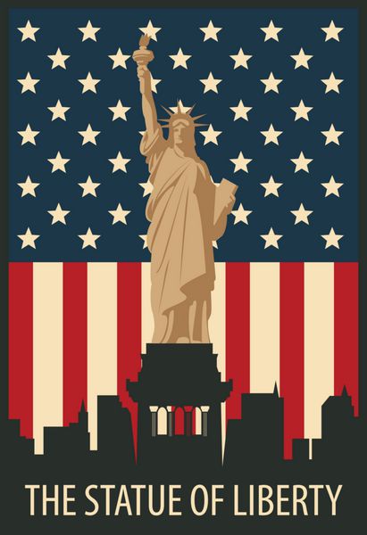 بنر با مجسمه آزادی در پس زمینه نیویورک در پرچم ایالات متحده