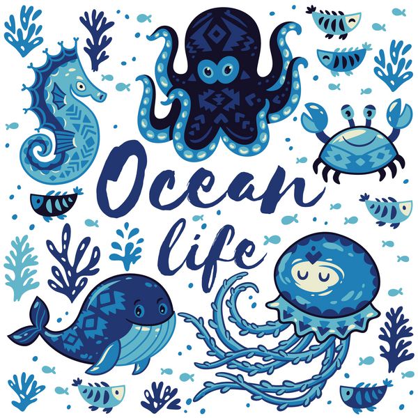 زندگی اقیانوسی کارت دوست داشتنی با حیوانات زیبا در سبک دریایی