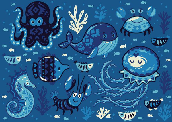 مجموعه ای از حیوانات کارتونی زیبا در سبک دریایی