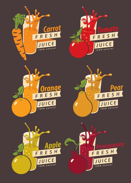 مجموعه ای از نقاشی های میوه و لیوان با نام برای آب میوه تازه
