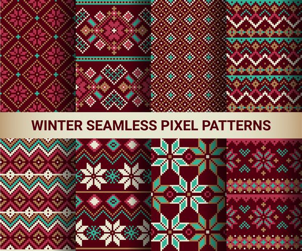 مجموعه ای از الگوهای بدون درز روشن پیکسل با زمستان تلطیف شده