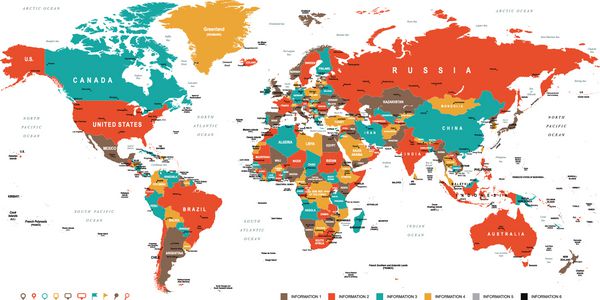 نقشه جهانی رنگی - مرزها کشورها و شهرها - تصویر تصویر برداری برداری رنگی بسیار دقیق از نقشه جهان
