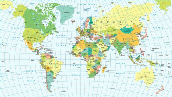 نقشه جهانی رنگی - مرزها کشورها و شهرها - تصویر تصویر برداری برداری رنگی بسیار دقیق از نقشه جهان