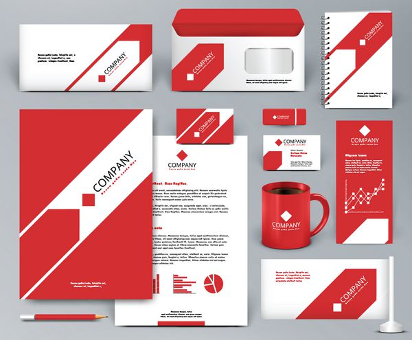 کیت طراحی برند جهانی قرمز حرفه ای با پیکان الگوی هویت شرکتی ماکت لوازم التحریر تجاری وکتور قابل ویرایش پوشه فنجان و غیره