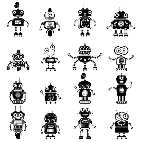 نمادهای ربات نمادهای تک بردار مجموعه شبح های ربات وکتور روبات ها و سایبورگ ها به سبک طراحی مسطح اندرویدهای علمی تخیلی با هوش مصنوعی