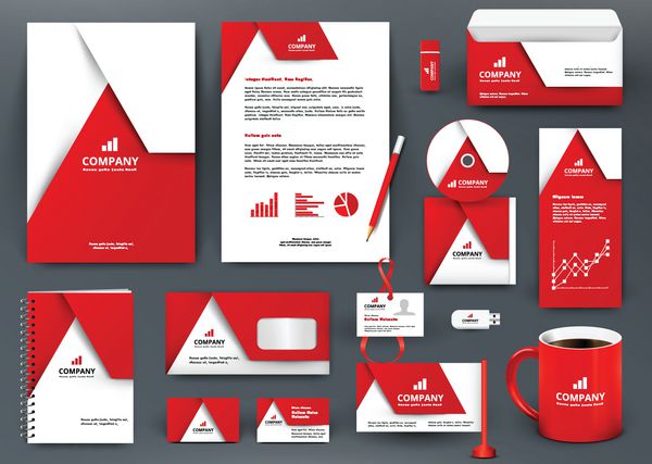 کیت طراحی برند جهانی قرمز حرفه ای با عنصر اوریگامی الگوی هویت شرکتی ماکت لوازم التحریر تجاری برای شرکت املاک و مستغلات وکتور قابل ویرایش پوشه لیوان و غیره