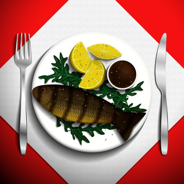 ماهی قزل آلای رودخانه ای کبابی با لیمو و آرگولا در بشقاب سفید
