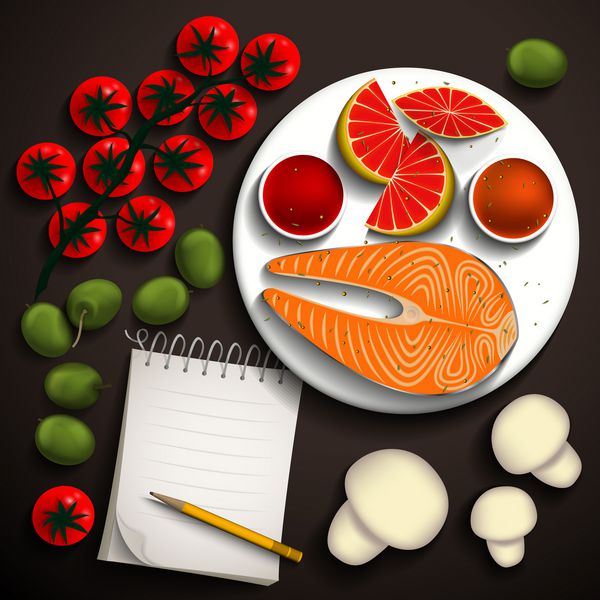 ماهی سالمون و سبزیجات برای یک غذای خوشمزه و یک دفترچه برای دستور العمل ها لطفا برای متن شما وکتور