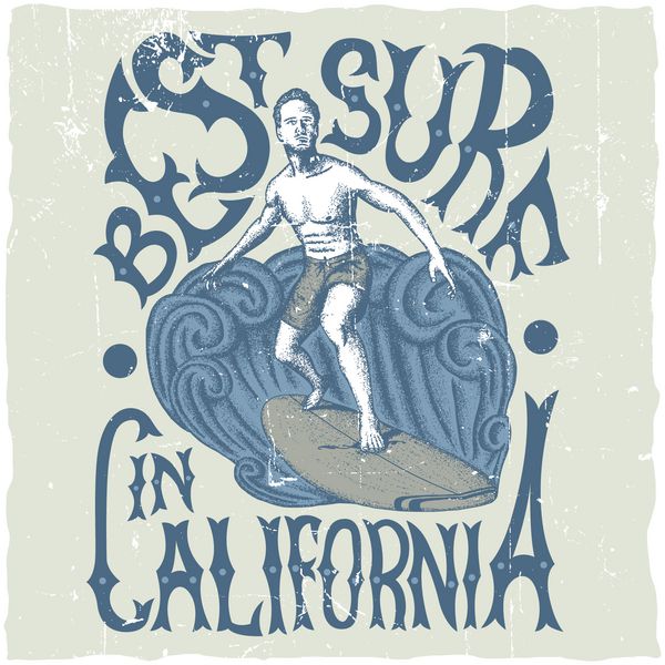 بهترین موج سواری در طراحی لیبل کالیفرنیا با موج سواری که با دست کشیده شده روی تخته و امواج طراحی برچسب برای تی شرت پوستر کارت تبریک و غیره