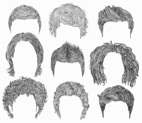 مجموعه ای از مو و مدل موی مختلف Fringe curly cascade kare طرح طراحی با مداد
