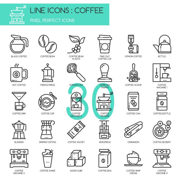 قهوه مجموعه آیکون های خط نازک نماد پیکسل کامل