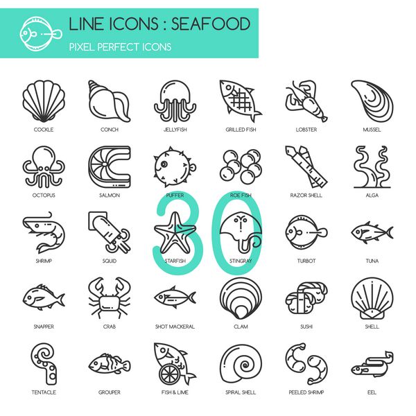 غذاهای دریایی مجموعه آیکون های خط نازک نماد پیکسل کامل